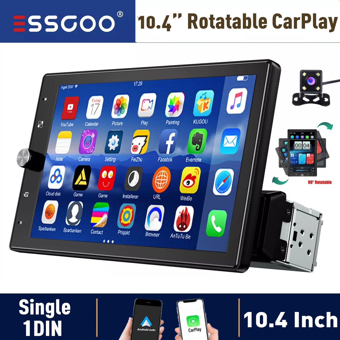 10.4" Wireless Single 1 DIN Rotatable Car Stereo Radio Apple CarPlay & Android Auto Touch Screen USB BT FM AUX-IN SWC+MIC&Camera