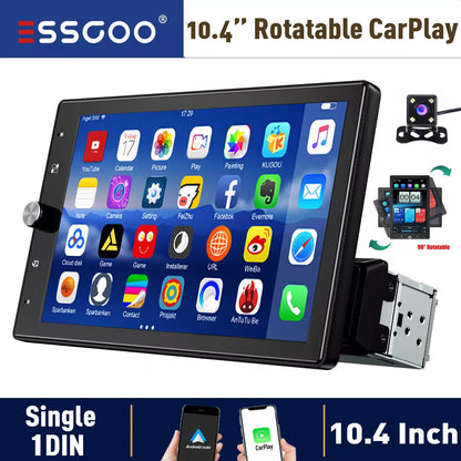 10.4" Wireless Single 1 DIN Rotatable Car Stereo Radio Apple CarPlay & Android Auto Touch Screen USB BT FM AUX-IN SWC+MIC&Camera