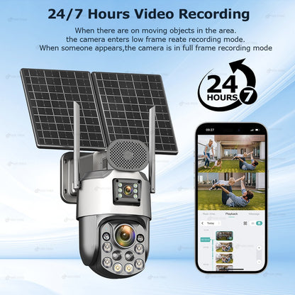 Câmeras de segurança solares externas 4K, 4G SIM, 2 lentes/tela, zoom óptico de 60x, rastreamento automático, PTZ 360°, câmera IP para vigilância residencial