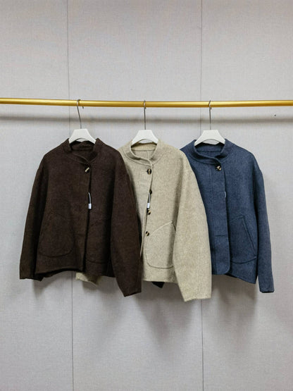 2025 Autumn Winter Fashion Women 3 Colors Single Breasted Stand Collar Coat Lady Double Sided Woolen Jacket