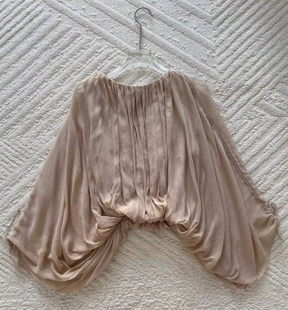 Ladies 100% Silk Elegant Set Pure Color Drawstring Long Sleeve Round Neck Shirt + A-Line Elastic Waist Maxi Skirt Holiday Suits