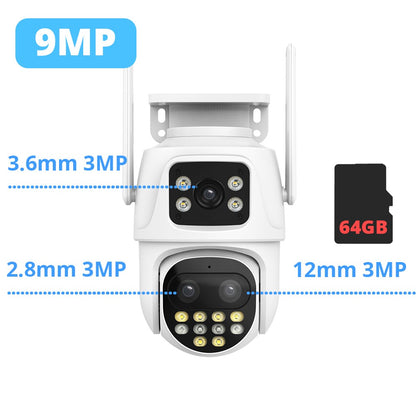 9MP WIFI IP Camera Three Lens Dual Screen With 8X Zoom 6MP PTZ Camera Ai Auto Tracking Security Video Surveillance Camera iCSee