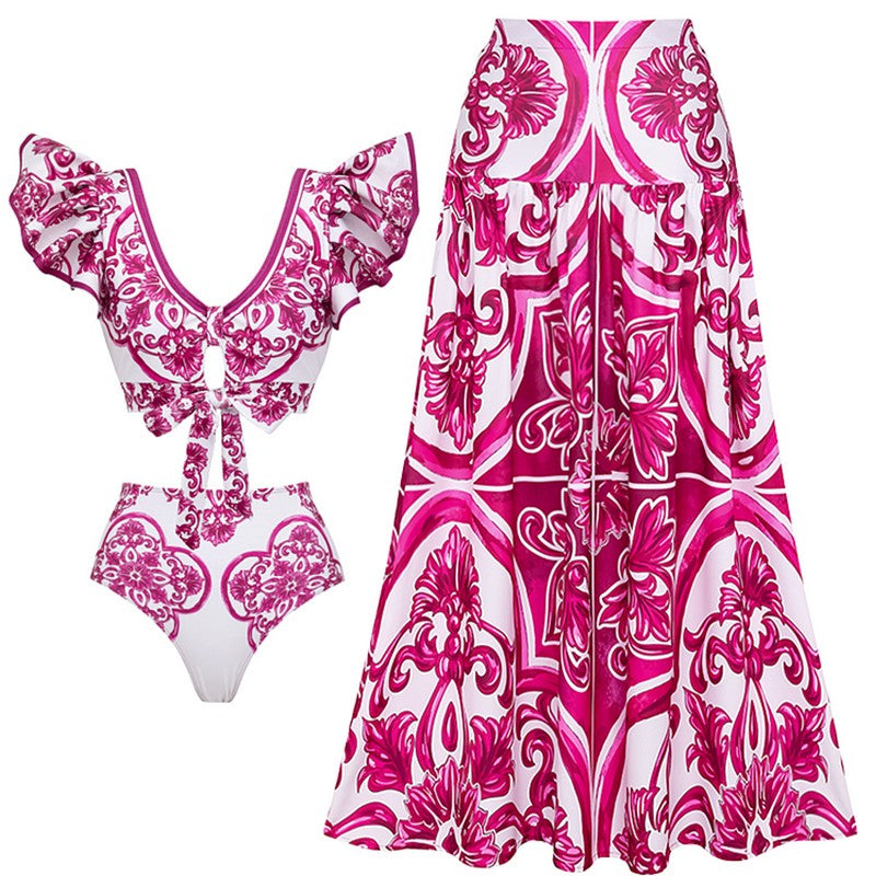 Flaxmaker Classic Women Sexy Bikini Sets Long Sleeves Majolica Series Pattern Print One Piece Swimsuit Skirt Biquini Beachwear