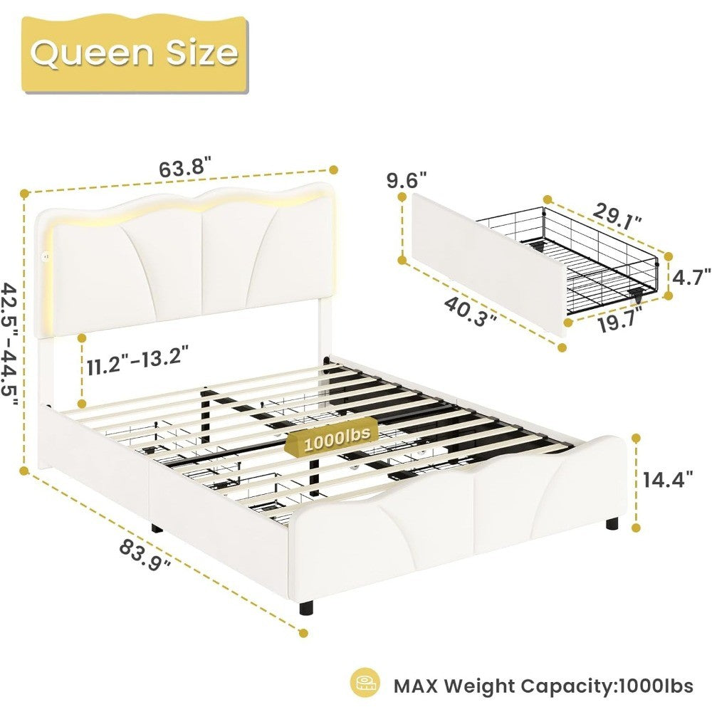 Estrutura de Cama Queen com 4 Gavetas de Armazenamento e Luzes LED, Estrutura de Cama Plataforma Estofada em Veludo com Cabeceira Ajustável em Altura