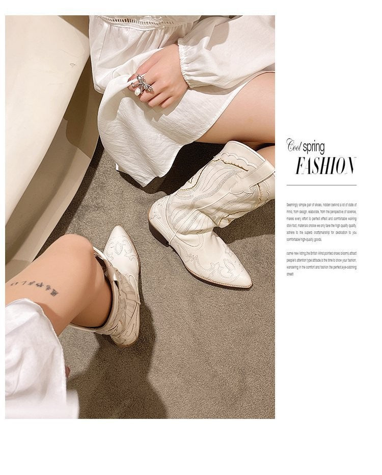 Autumn Embroidered Western Cowboy Boots new Square Heels Pointed shoes Casual fashion long boots Comfortable waterproof shoes