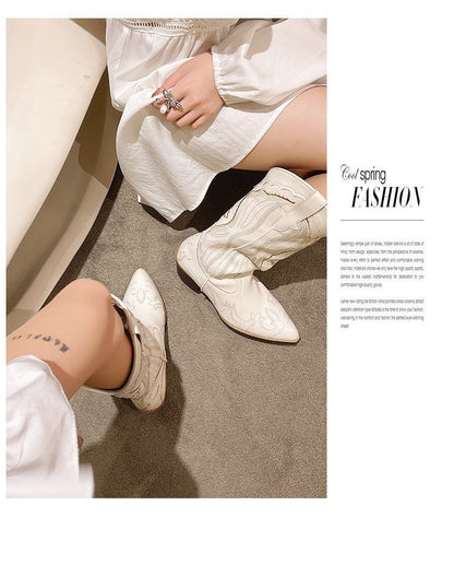 Autumn Embroidered Western Cowboy Boots new Square Heels Pointed shoes Casual fashion long boots Comfortable waterproof shoes