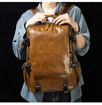 Retro cowhide backpack men and women trend outdoor travel bag leather business computer backpack large capacity