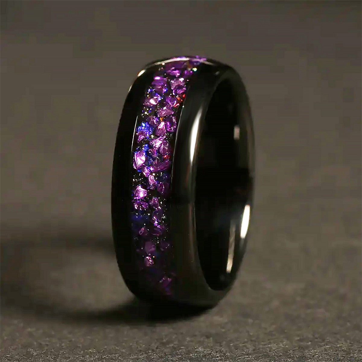 Anel Masculino de Tungstênio com Incrustação de Ametista Preto, Aliança de Casamento, Noivado, Presente de Joia, 8mm de Largura, Durável para Uso Diário Masculino