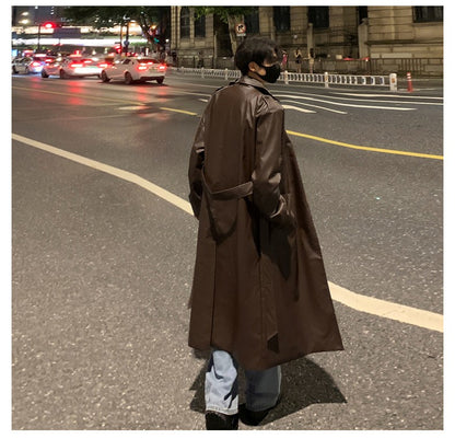 Autumn Trench Coat Men's High-end Luxury Double Row PU Leather Coat Male Long Korean Style Windbreaker Motorcycle Leather Jacket