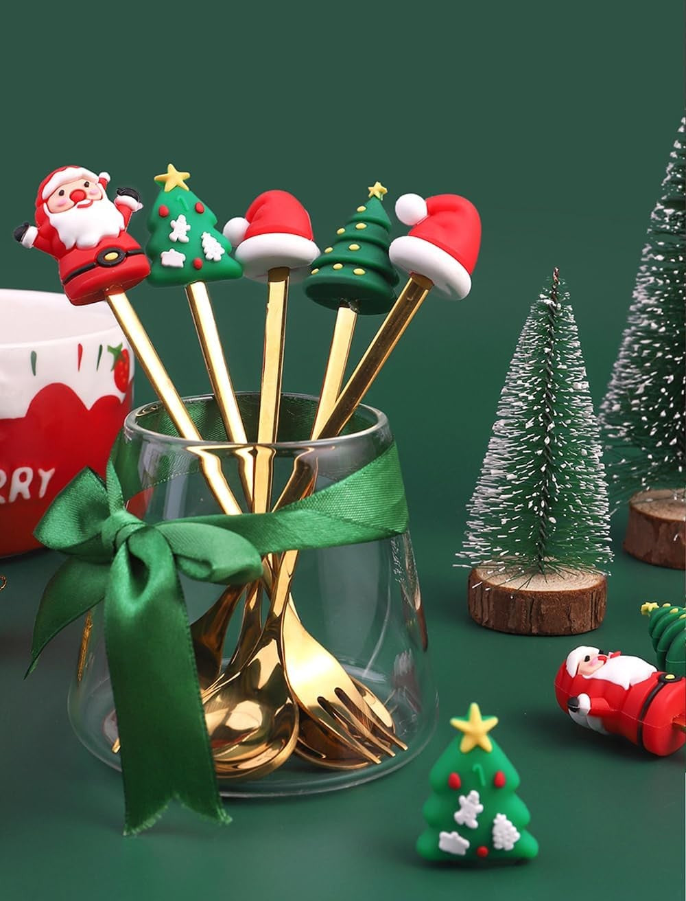 Conjunto 6 Peças de Garfos e Colheres Papai Noel Árvore de Natal Aço Inoxidável Colher de Café Sobremesa Utensílios de Mesa para Festa de Natal Presente Requintado