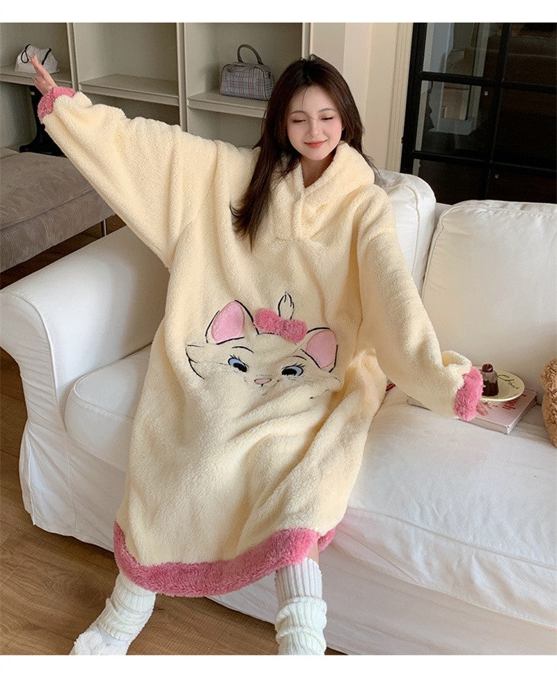 Camisola de Gatinha Marie da Disney Kawaii Desenho Animado Feminino Inverno Veludo Coral Longo Veludo Grosso Solto com Capuz Robe de Banho