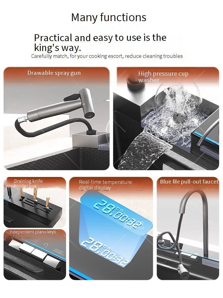Stainless Steel Waterfall Kitchen Sink Digital Display Faucet Set Embossed Extra Large Single Slot Multiple Types of sinks