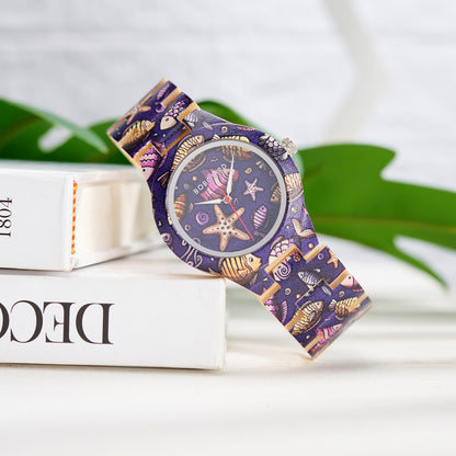 BOBOBIRD Women's Wooden Wristwatch Artistic Ladies Bamboo Quartz Watches Unique Illustration Eco-Friendly Timepieces for Women