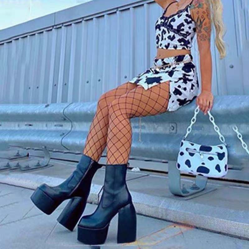 Comemore Women Punk Style Autumn Winter Chunky Platform High Boot Party Shoes Ladies Black Thick Heels Elastic Knee High Boots