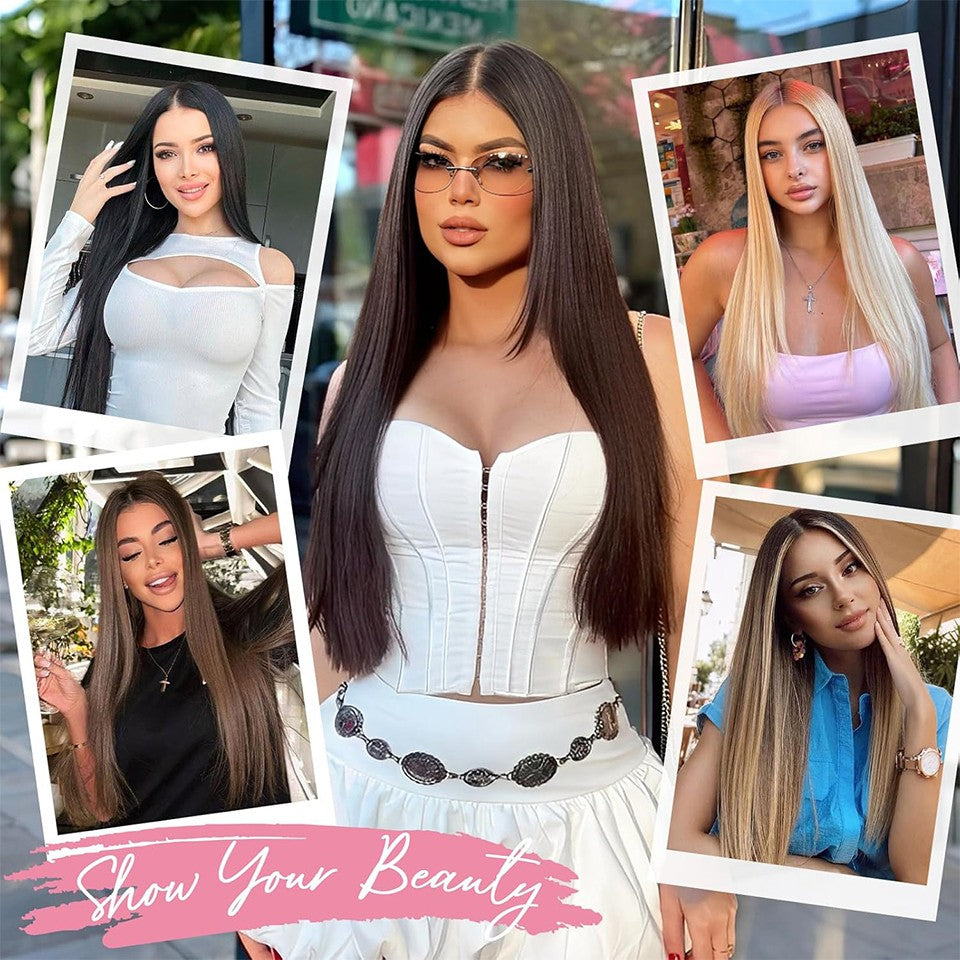 Peruca Sintética de 14 Polegadas com Quatro Peças Extensão de Cabelo Liso Peruca com Presilha Estilo BB Adequada para Mulheres Natal Ano Novo Carnaval Música