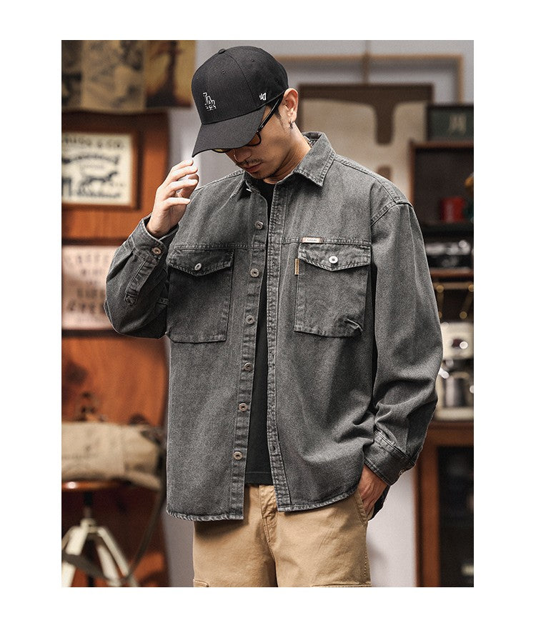 Men's Heavyweight Washed Salt-Faded Long Sleeve Denim Shirt Japanese Retro Loose Cargo Shirt Jackets Chest Pocket Man Outwear