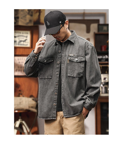 Men's Heavyweight Washed Salt-Faded Long Sleeve Denim Shirt Japanese Retro Loose Cargo Shirt Jackets Chest Pocket Man Outwear