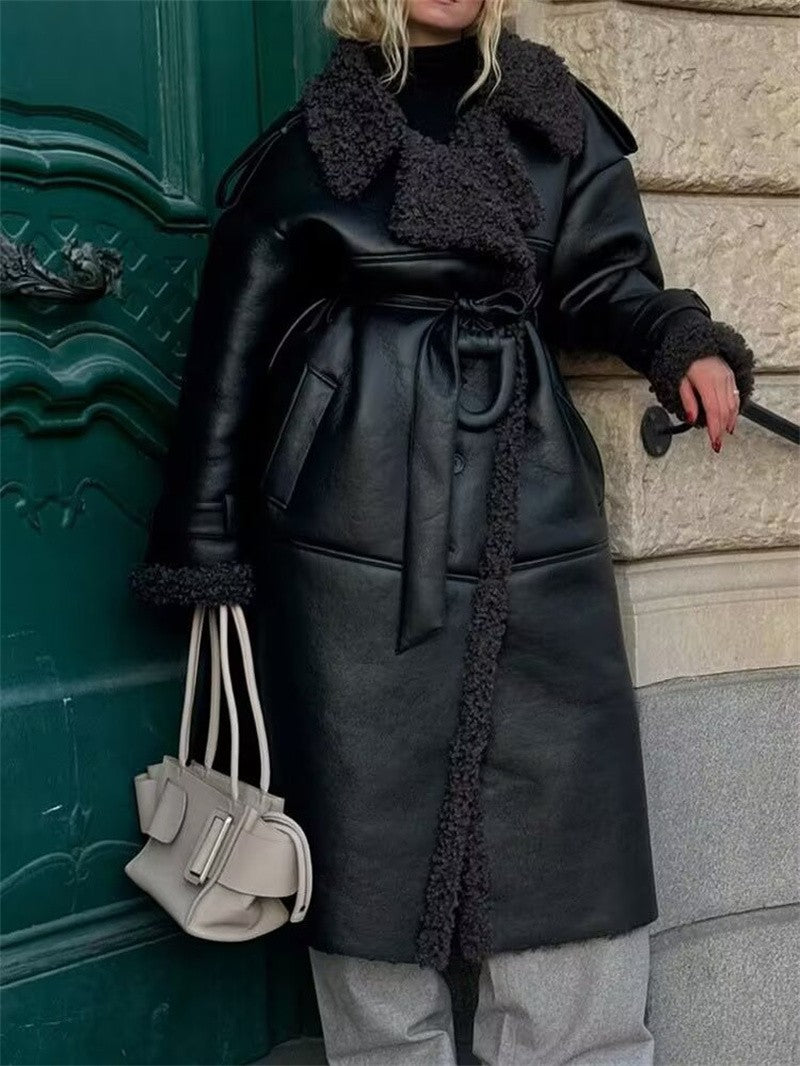 Women's Coat 2025 Autumn New Style Black Long-Sleeve Leather and Fur Integrated Coat with Belt High-End Outerwear Elegant