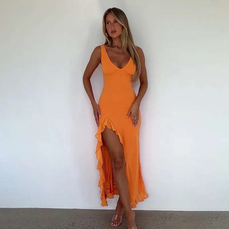 Avrilyaan Ruffle High Split Sexy Dress Women 2024 Robes Elegant Evening Summer D