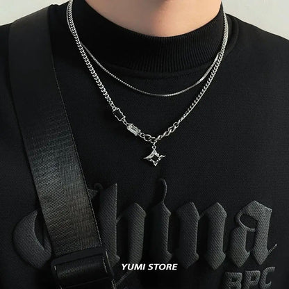 Colar de Hip Hop Zircon Star Camada Dupla Masculino Feminino Tendência Charme Aço Titânio Pingente Corrente Unissex Joias Atacado