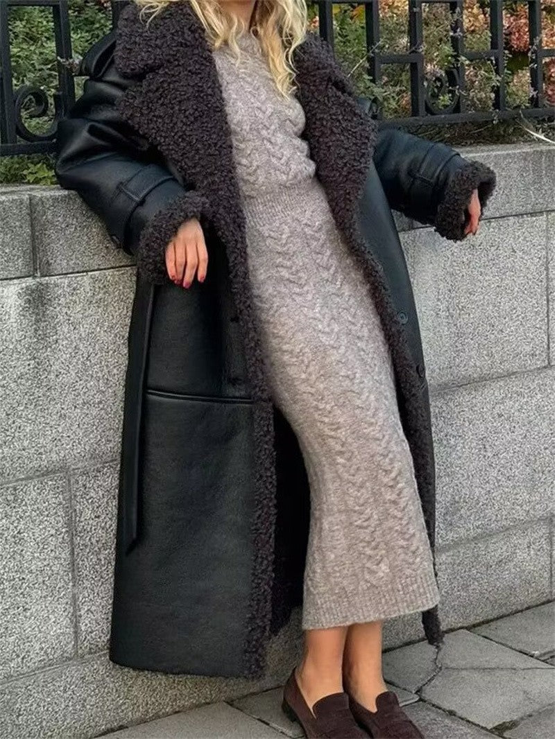 Women's Coat 2025 Autumn New Style Black Long-Sleeve Leather and Fur Integrated Coat with Belt High-End Outerwear Elegant