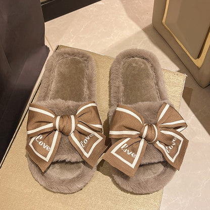 Casual Fluffy Slippers Women House Flats Fashion Winter Bowknot Love Designer Shoes Ladies Home Plush Platform Elegant Footwear