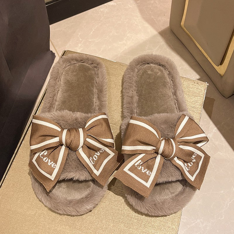 Casual Fluffy Slippers Women House Flats Fashion Winter Bowknot Love Designer Shoes Ladies Home Plush Platform Elegant Footwear
