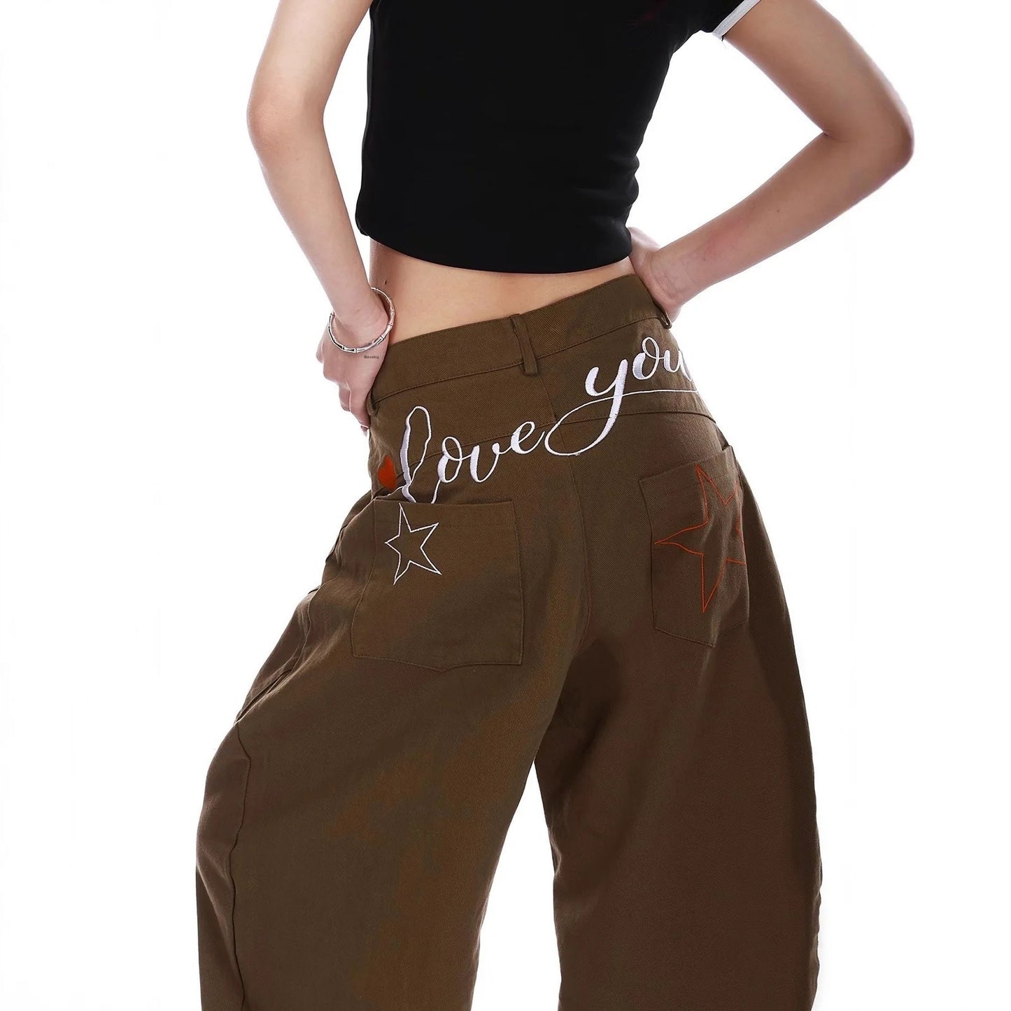 Retro American Star Letter Embroidery Wide Leg Jeans Men's Loose Long Trousers Workwear Pants Summer Denim Low Waist Straight