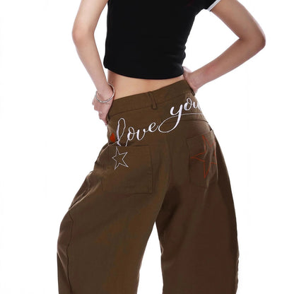 Retro American Star Letter Embroidery Wide Leg Jeans Men's Loose Long Trousers Workwear Pants Summer Denim Low Waist Straight