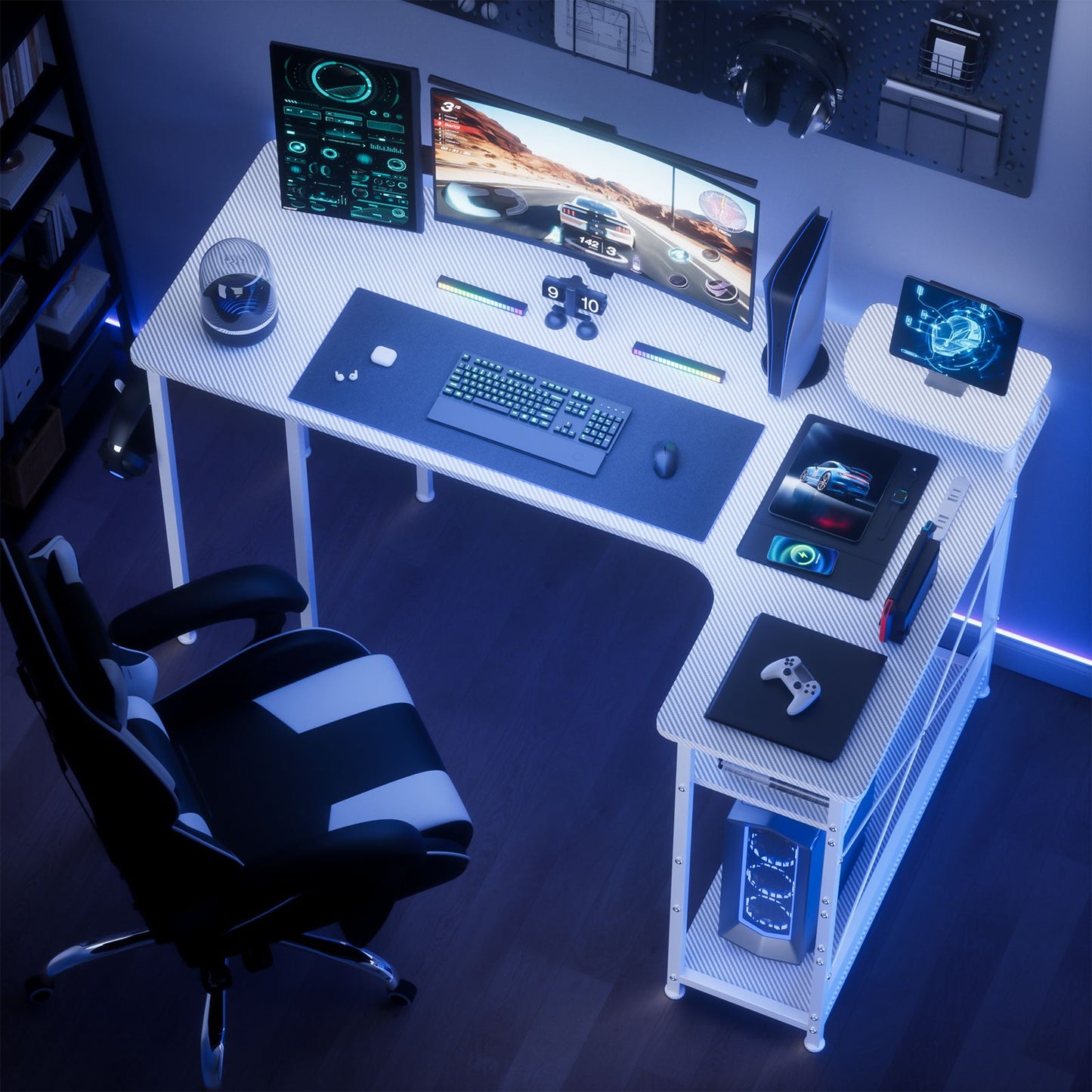 Mesa Gamer em L com Gavetas, Mesa de Computador em Fibra de Carbono com Suporte para Monitor, Mesa Gamer para Escritório Doméstico