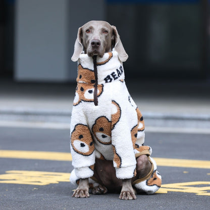 Macacão de 4 patas para cachorros grandes, pijama quente de inverno para raças grandes, suéter macio com estampa de urso, moletom de lã para Husky Labrador