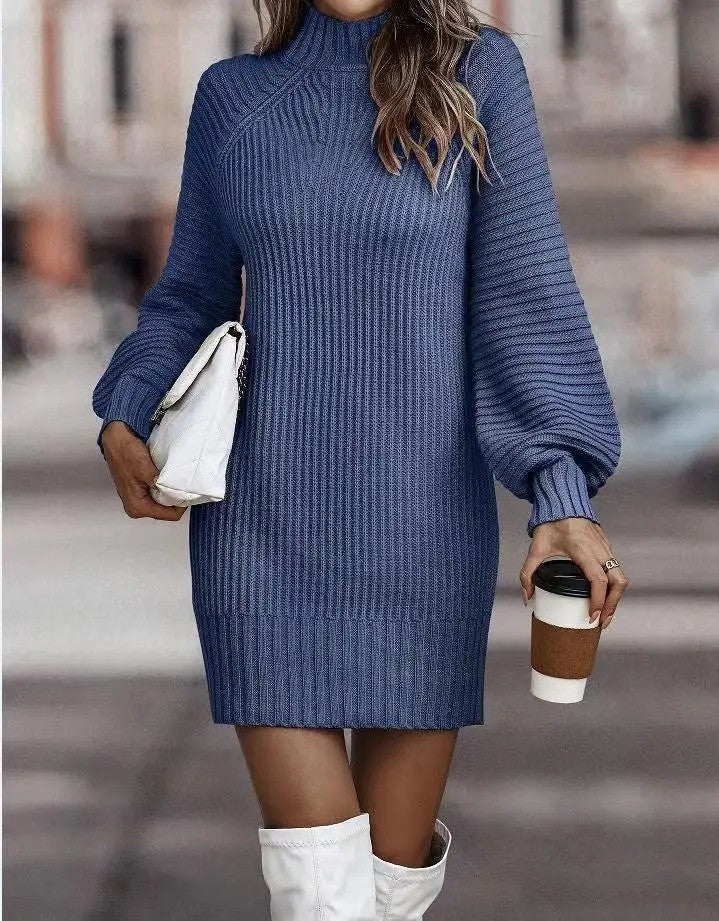 High Neck Long Sleeve Women's Knitted Dress Sweater Autumn Winter New Style Cross-Border Fashion Elegant Classy Female Garment