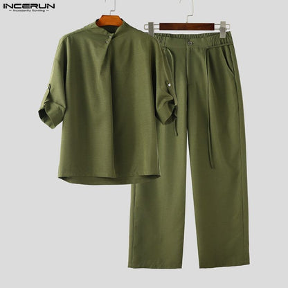 INCERUN Men Sets Solid Color Pleated Shirt & Pants Two Pieces Sets Loose Streetwear 2025 Fashion Men's Casual Suits S-5XL