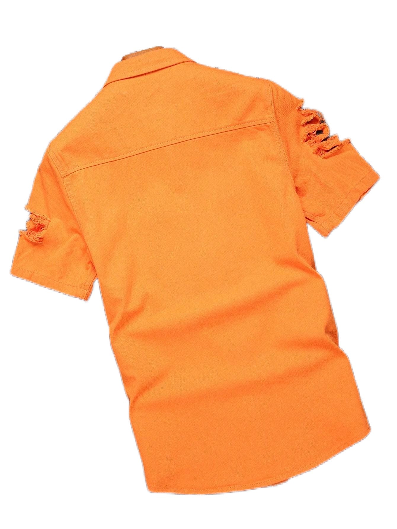 Men's summer orange short - sleeved denim shirt with holes. In a stylish and casual style.