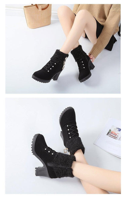 Women's Designer High Heels Shoes 2023 Winter New Warm Non-slip Block Cow Suede Warm Snow Boots Fashion Crystal Plush Goth Botas