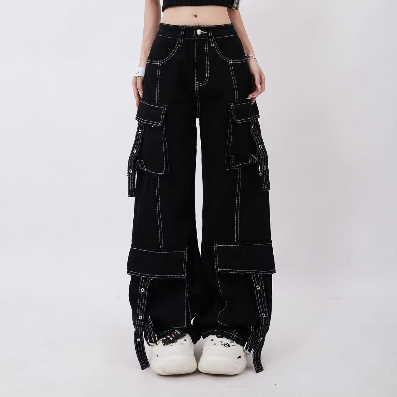 Y2K Red Gothic Hip-Hop Hole Vintage Jeans Girl High Street Trend American Baggy Wash Overall Belt Splicing Woman Wide-leg Pants