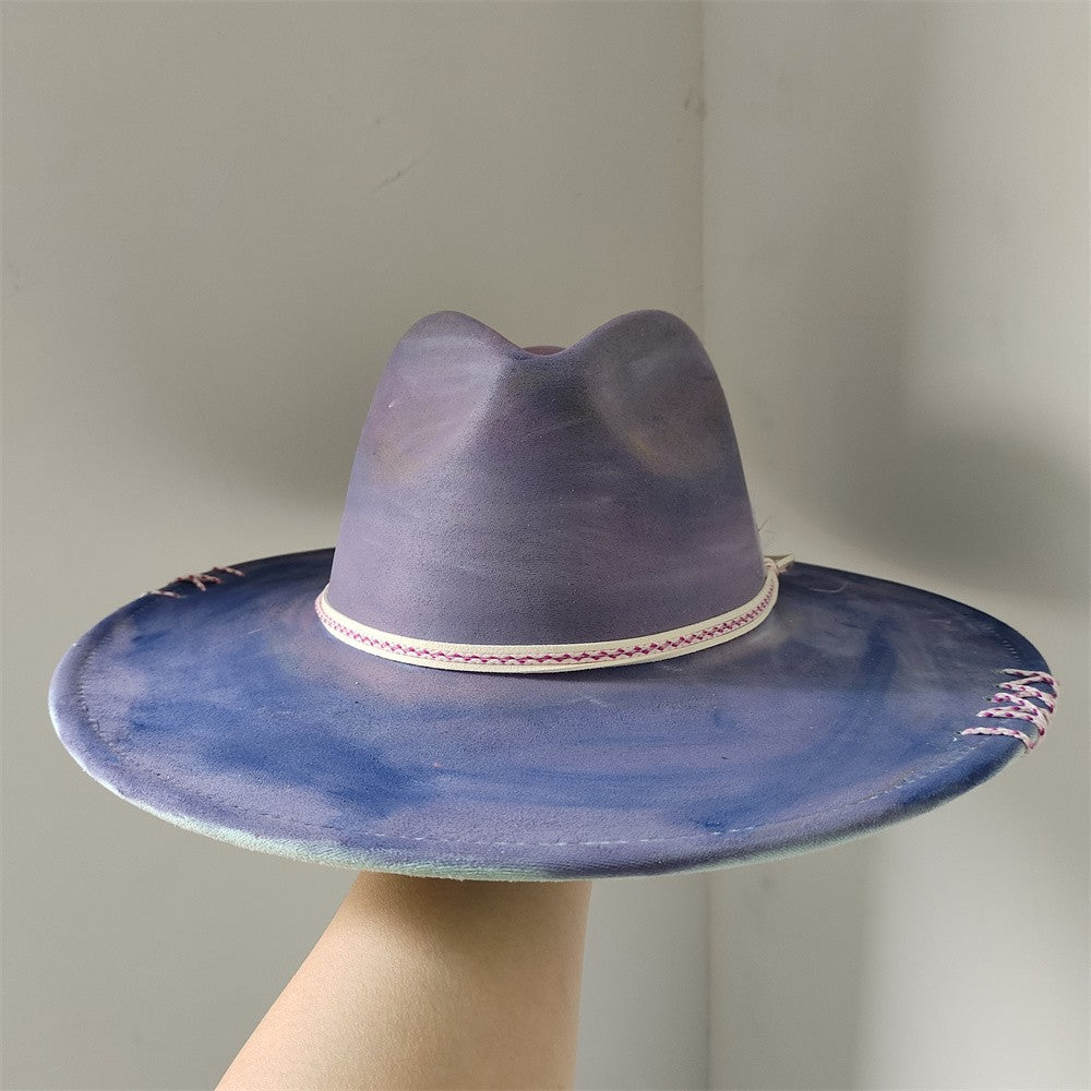 Chapéu Fedora Pintado à Mão Masculino e Feminino Chapéu Panamá Moda Primavera Outono com Pena Envolta Chapéu Fedora de Lã com Aba Grande
