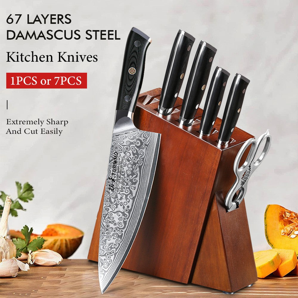 TURWHO Melhores Utensílios de Cozinha de 1 ou 7 Peças, Conjunto Profissional de Aço Damasco de 67 Camadas Com Excelente Bloco de Facas de Madeira de Acácia