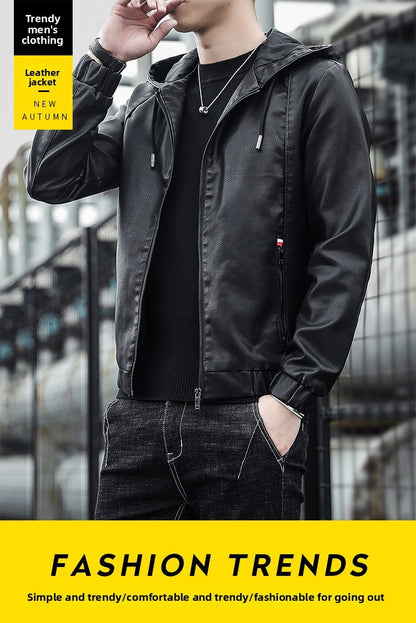 Men's Leather Jacket, Men's Hoodie, Slim-fit Korean Style Biker Casual Coat