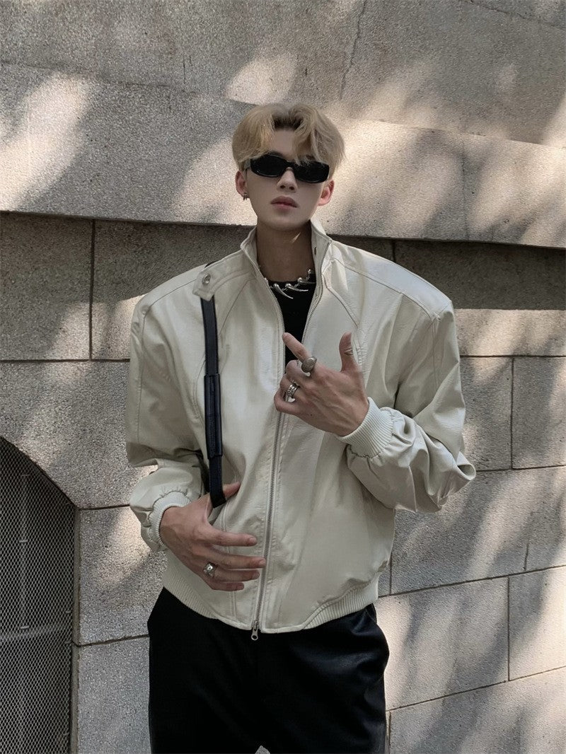 Stand Up Collar Design PU Leather Jacket Men's Retro Shoulder Pad Motorcycle Short Jacket Top