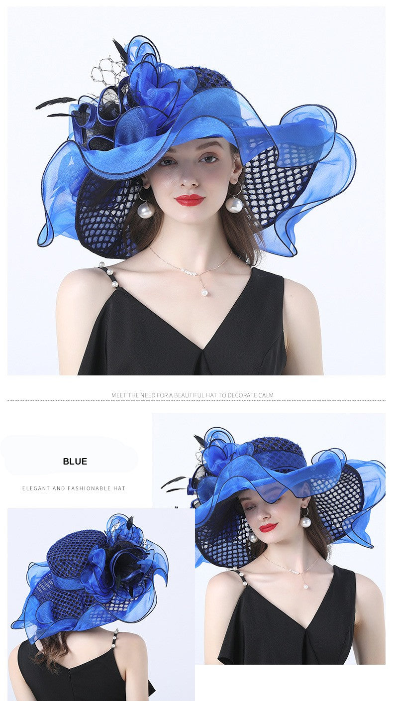 FS Mulheres Organza Vermelha Chapéus Casamento Fascinadores Elegante Grande Aba Larga Fedora Kentucky Derby Chapéus Festa Formal Igreja Chapéu Feminino
