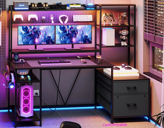 Gaming Desk with Hutch, 65in Reversible Computer Desk with Power Outlets LED Light, Home Office Desk with Monitor
