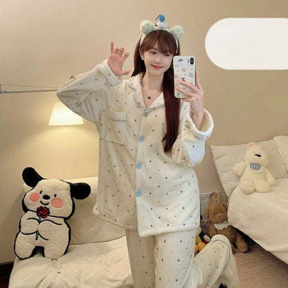 Autumn Winter New Pajamas Lapel Neck Long Sleeve Colourful Dot Print Warm Sleepwear Thick Casual Pajamas Coral Fleece Two-Piece
