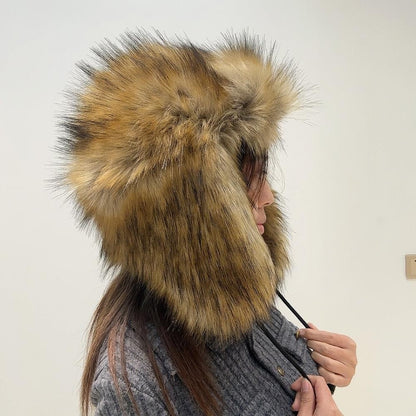 Gorro de inverno russo feminino com proteção de orelha de pele sintética, gorro corta-vento quente para senhoras, moda de luxo, chapéu de esqui de cor sólida com aba larga