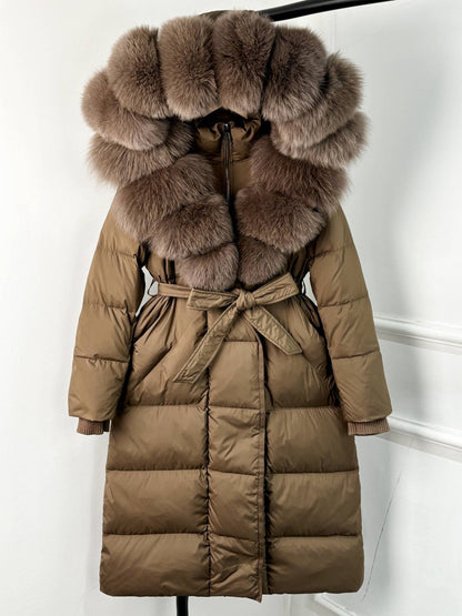 Janveny New Winter Long Hooded Puffer Jacket Women Warm Thickened Real Fox Fur Collar White Goose Down Jacket Waterproof Parkas