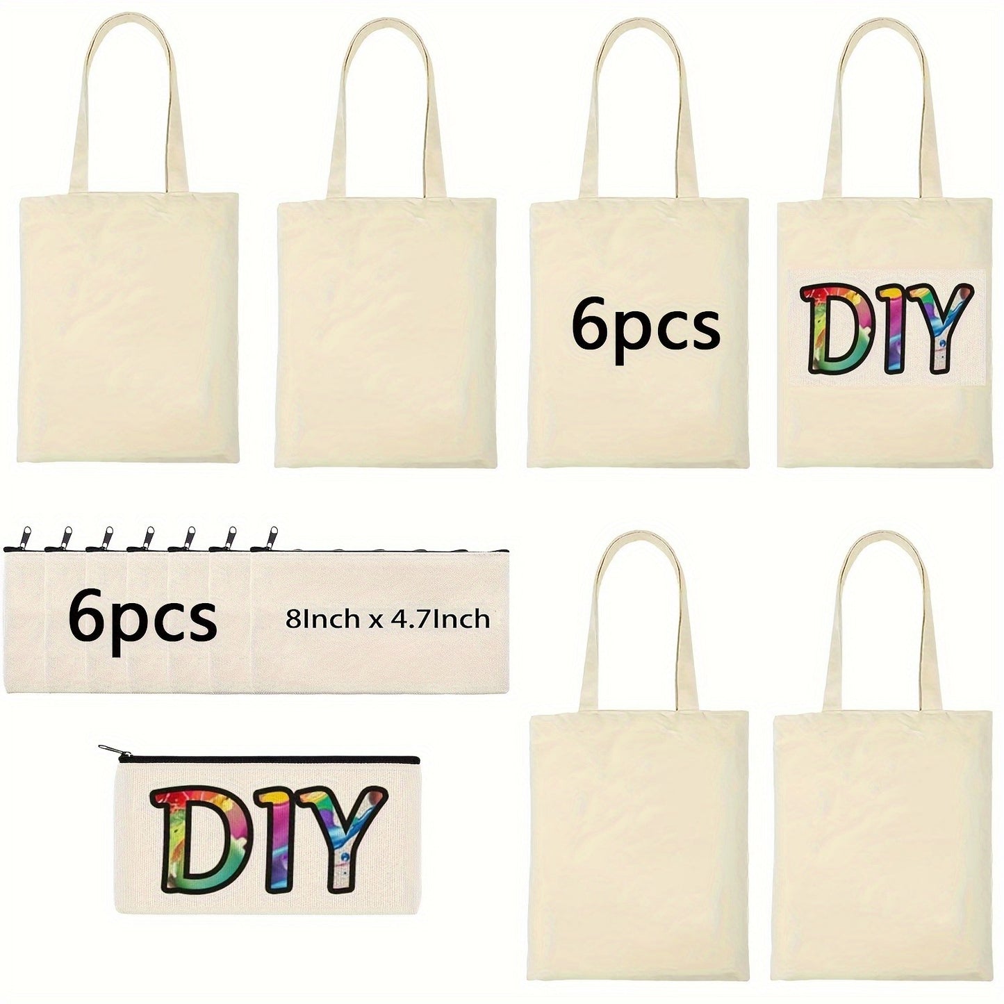 Kit de 12 Peças de Sacolas e Bolsas com Zíper para Sublimação – 6 Sacolas Reutilizáveis de Compras e 6 Necessaires para Artesanato DIY com Transferência de Calor