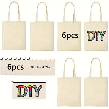 Kit de 12 Peças de Sacolas e Bolsas com Zíper para Sublimação – 6 Sacolas Reutilizáveis de Compras e 6 Necessaires para Artesanato DIY com Transferência de Calor