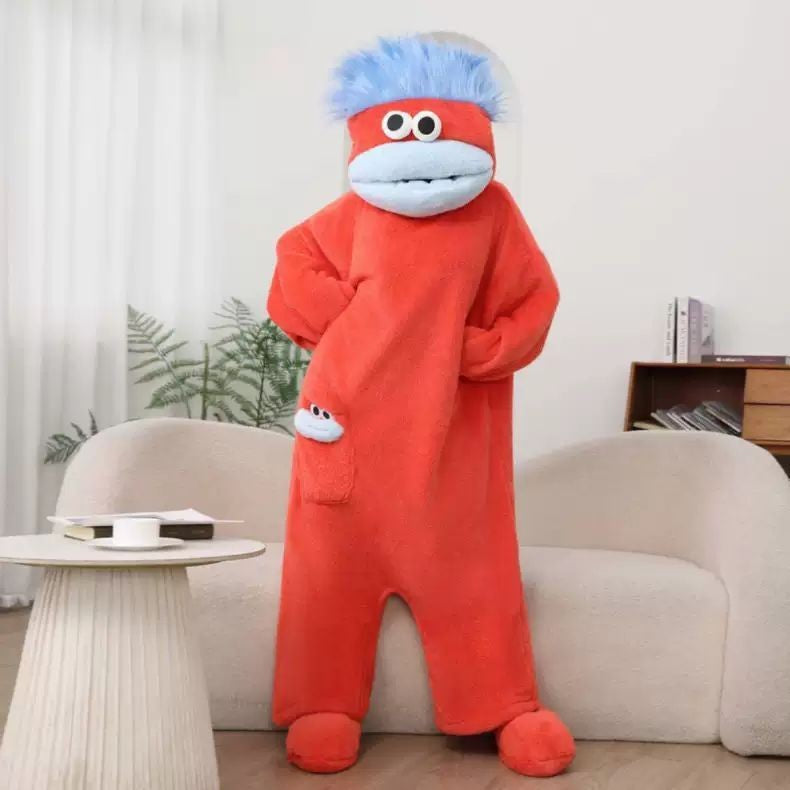 Funny Big Mouth Monster Onesie Pajamas Fluffy Coral Fleece Hooded Loungewear with Pocket Cartoon Party Costume