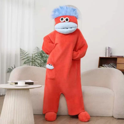 Funny Big Mouth Monster Onesie Pajamas Fluffy Coral Fleece Hooded Loungewear with Pocket Cartoon Party Costume