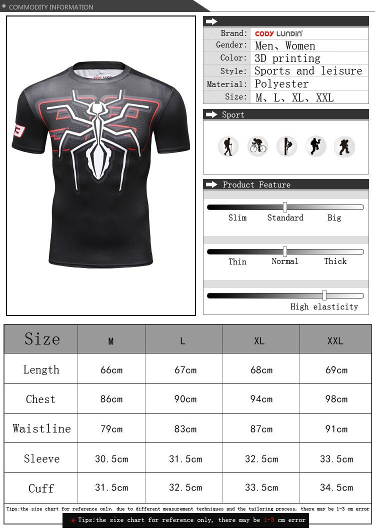 Sportswear Men T-shirt 3D Printing Ant Pattern Novel and Simple, Elastic Compression and Quick-drying Fitness Bodybuilding Shirt